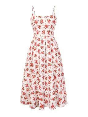 Floral Midi Dress A-Line Square Neck Smocked Waist Sleeveless with Pockets